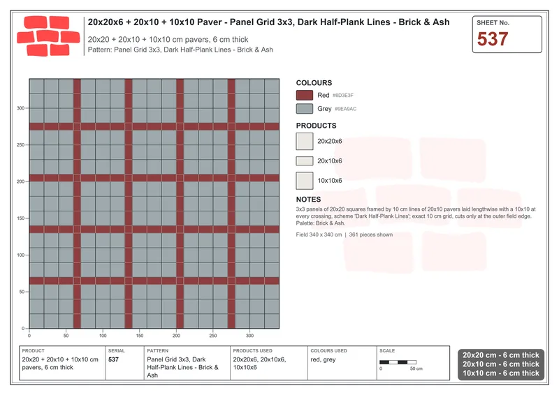 Interlock (Pasco) 20x20 cm · SQ22-537 · Panel Grid 3x3, Dark Half-Plank Lines - Brick & Ash · Laying plan Interlock (Pasco) 20x20 cm · SQ22-537 · Panel Grid 3x3, Dark Half-Plank Lines - Brick & Ash · Laying plan