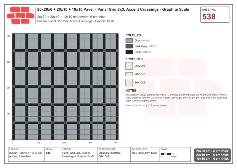 Interlock (Pasco) 20x20 cm · SQ22-538 · Panel Grid 2x3, Accent Crossings - Graphite Scale · Laying plan Interlock (Pasco) 20x20 cm · SQ22-538 · Panel Grid 2x3, Accent Crossings - Graphite Scale · Laying plan