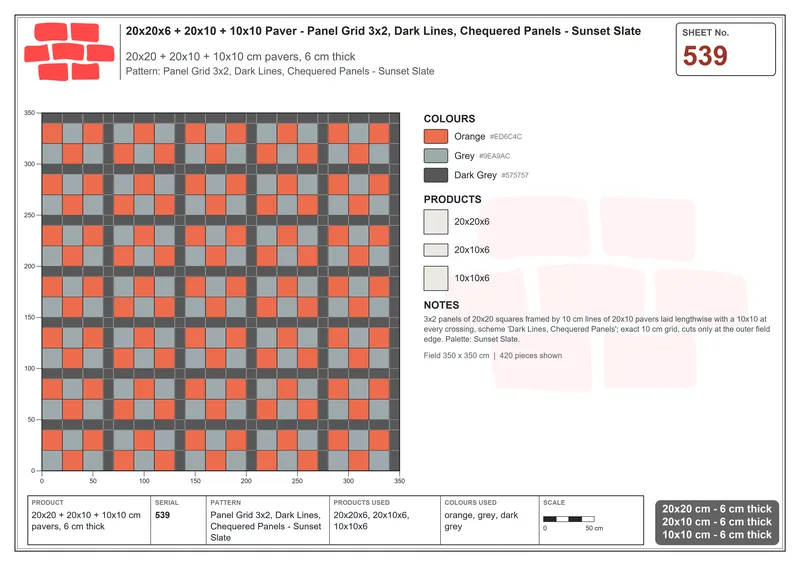 Interlock (Pasco) 20x20 cm · SQ22-539 · Panel Grid 3x2, Dark Lines, Chequered Panels - Sunset Slate · Laying plan Interlock (Pasco) 20x20 cm · SQ22-539 · Panel Grid 3x2, Dark Lines, Chequered Panels - Sunset Slate · Laying plan