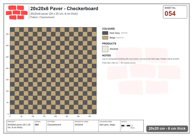 Interlock (Pasco) 20x20 cm · SQ22-54 · Checkerboard · Laying plan Interlock (Pasco) 20x20 cm · SQ22-54 · Checkerboard · Laying plan