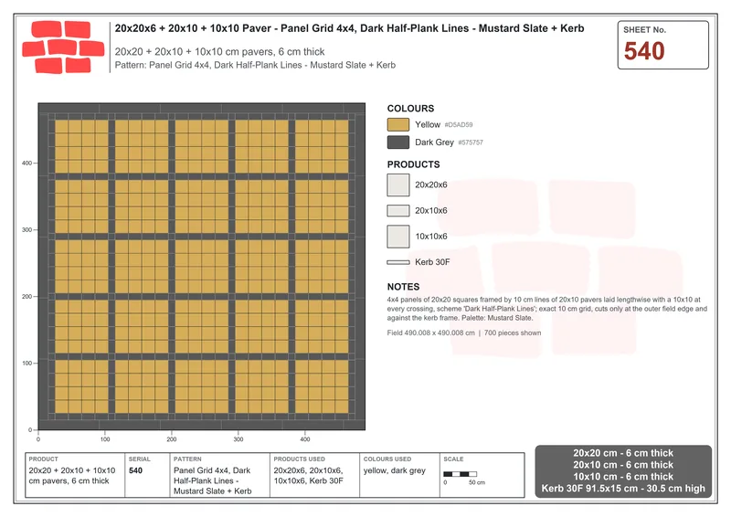 Interlock (Pasco) 20x20 cm · SQ22-540 · Panel Grid 4x4, Dark Half-Plank Lines - Mustard Slate + Kerb · Laying plan Interlock (Pasco) 20x20 cm · SQ22-540 · Panel Grid 4x4, Dark Half-Plank Lines - Mustard Slate + Kerb · Laying plan