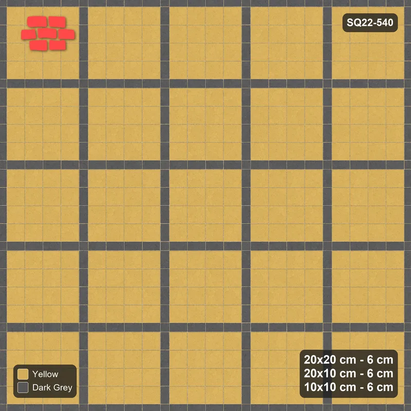 Interlock (Pasco) 20x20 cm · SQ22-540 · Panel Grid 4x4, Dark Half-Plank Lines - Mustard Slate + Kerb · Top view