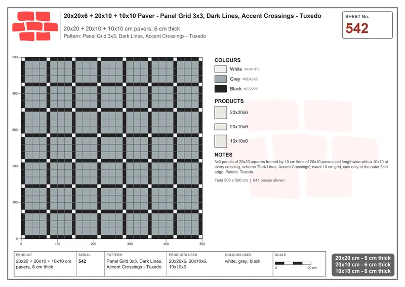 Interlock (Pasco) 20x20 cm · SQ22-542 · Panel Grid 3x3, Dark Lines, Accent Crossings - Tuxedo · Laying plan Interlock (Pasco) 20x20 cm · SQ22-542 · Panel Grid 3x3, Dark Lines, Accent Crossings - Tuxedo · Laying plan