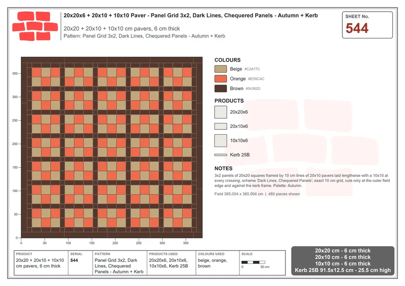 Interlock (Pasco) 20x20 cm · SQ22-544 · Panel Grid 3x2, Dark Lines, Chequered Panels - Autumn + Kerb · Laying plan Interlock (Pasco) 20x20 cm · SQ22-544 · Panel Grid 3x2, Dark Lines, Chequered Panels - Autumn + Kerb · Laying plan