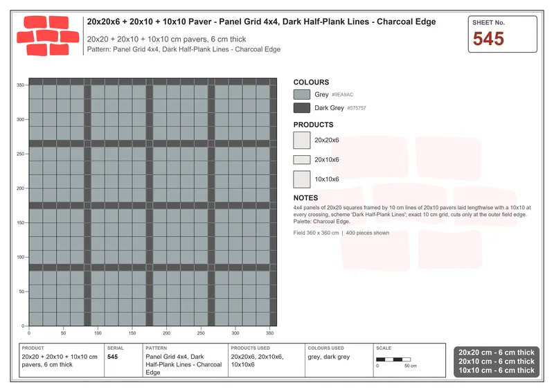 Interlock (Pasco) 20x20 cm · SQ22-545 · Panel Grid 4x4, Dark Half-Plank Lines - Charcoal Edge · Laying plan Interlock (Pasco) 20x20 cm · SQ22-545 · Panel Grid 4x4, Dark Half-Plank Lines - Charcoal Edge · Laying plan