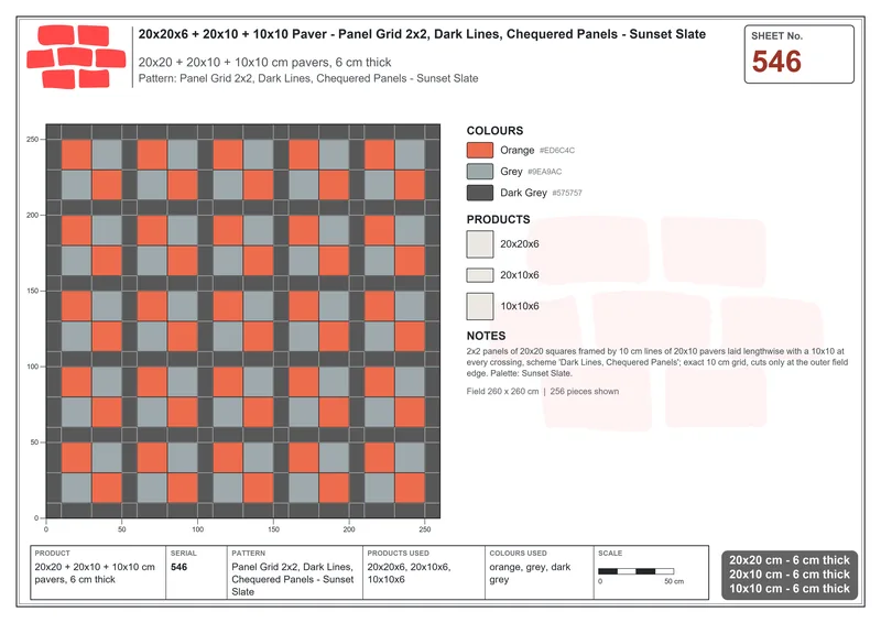Interlock (Pasco) 20x20 cm · SQ22-546 · Panel Grid 2x2, Dark Lines, Chequered Panels - Sunset Slate · Laying plan Interlock (Pasco) 20x20 cm · SQ22-546 · Panel Grid 2x2, Dark Lines, Chequered Panels - Sunset Slate · Laying plan