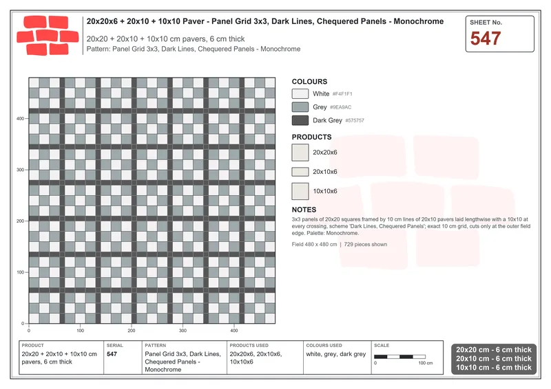 Interlock (Pasco) 20x20 cm · SQ22-547 · Panel Grid 3x3, Dark Lines, Chequered Panels - Monochrome · Laying plan Interlock (Pasco) 20x20 cm · SQ22-547 · Panel Grid 3x3, Dark Lines, Chequered Panels - Monochrome · Laying plan