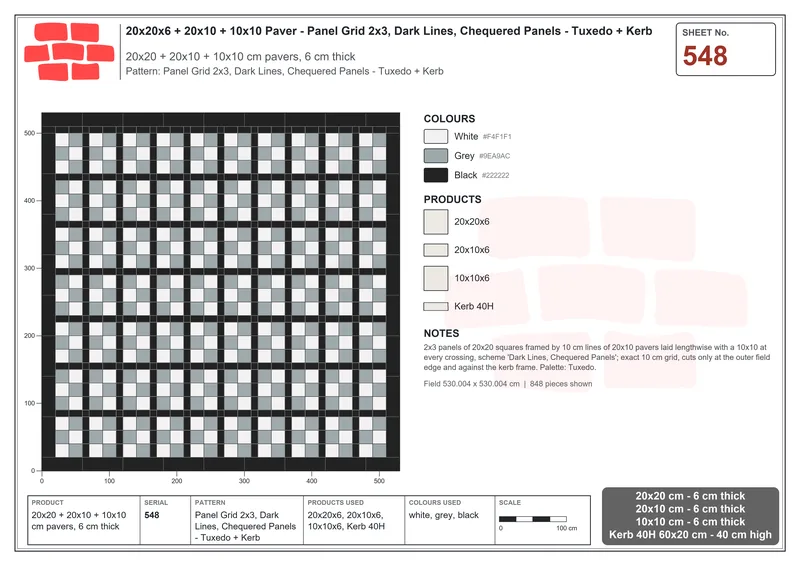 Interlock (Pasco) 20x20 cm · SQ22-548 · Panel Grid 2x3, Dark Lines, Chequered Panels - Tuxedo + Kerb · Laying plan Interlock (Pasco) 20x20 cm · SQ22-548 · Panel Grid 2x3, Dark Lines, Chequered Panels - Tuxedo + Kerb · Laying plan