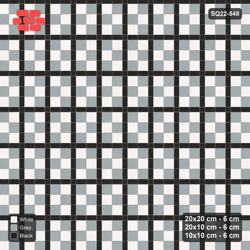 Interlock (Pasco) 20x20 cm · SQ22-548 · Panel Grid 2x3, Dark Lines, Chequered Panels - Tuxedo + Kerb · Top view
