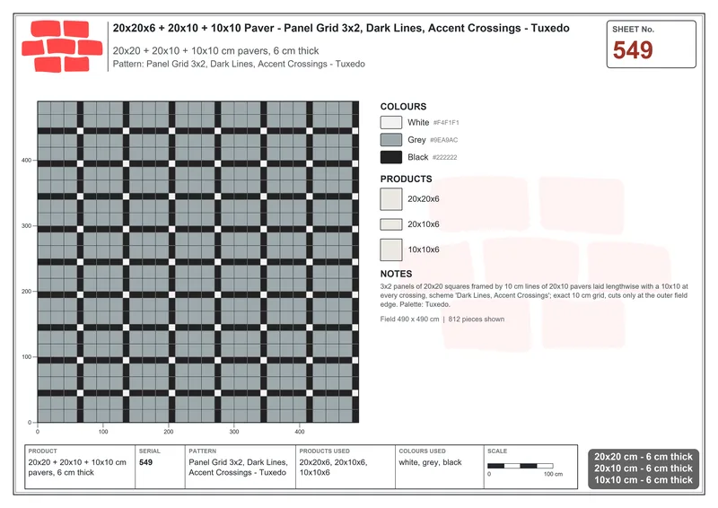 Interlock (Pasco) 20x20 cm · SQ22-549 · Panel Grid 3x2, Dark Lines, Accent Crossings - Tuxedo · Laying plan Interlock (Pasco) 20x20 cm · SQ22-549 · Panel Grid 3x2, Dark Lines, Accent Crossings - Tuxedo · Laying plan