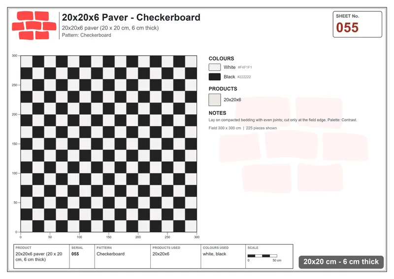 Interlock (Pasco) 20x20 cm · SQ22-55 · Checkerboard · Laying plan Interlock (Pasco) 20x20 cm · SQ22-55 · Checkerboard · Laying plan