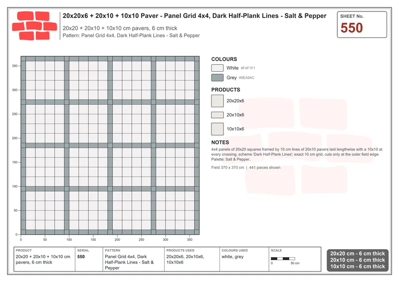 Interlock (Pasco) 20x20 cm · SQ22-550 · Panel Grid 4x4, Dark Half-Plank Lines - Salt & Pepper · Laying plan Interlock (Pasco) 20x20 cm · SQ22-550 · Panel Grid 4x4, Dark Half-Plank Lines - Salt & Pepper · Laying plan