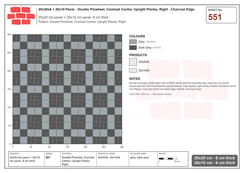 Interlock (Pasco) 20x20 cm · SQ22-551 · Double Pinwheel, Contrast Centre, Upright Planks, Right · Laying plan Interlock (Pasco) 20x20 cm · SQ22-551 · Double Pinwheel, Contrast Centre, Upright Planks, Right · Laying plan