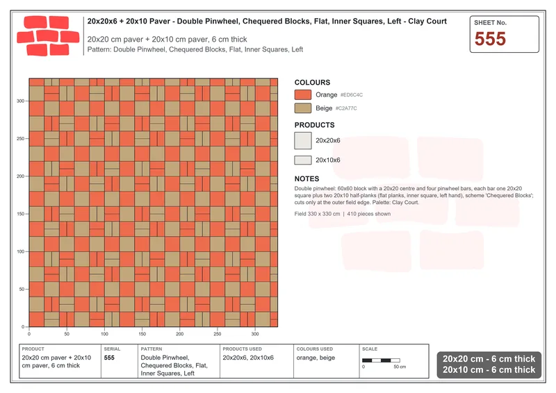 Interlock (Pasco) 20x20 cm · SQ22-555 · Double Pinwheel, Chequered Blocks, Flat, Inner Squares, Left · Laying plan Interlock (Pasco) 20x20 cm · SQ22-555 · Double Pinwheel, Chequered Blocks, Flat, Inner Squares, Left · Laying plan