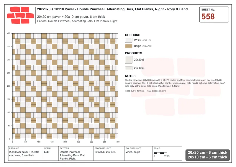 Interlock (Pasco) 20x20 cm · SQ22-558 · Double Pinwheel, Alternating Bars, Flat Planks, Right · Laying plan Interlock (Pasco) 20x20 cm · SQ22-558 · Double Pinwheel, Alternating Bars, Flat Planks, Right · Laying plan