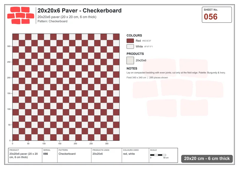 Interlock (Pasco) 20x20 cm · SQ22-56 · Checkerboard · Laying plan Interlock (Pasco) 20x20 cm · SQ22-56 · Checkerboard · Laying plan