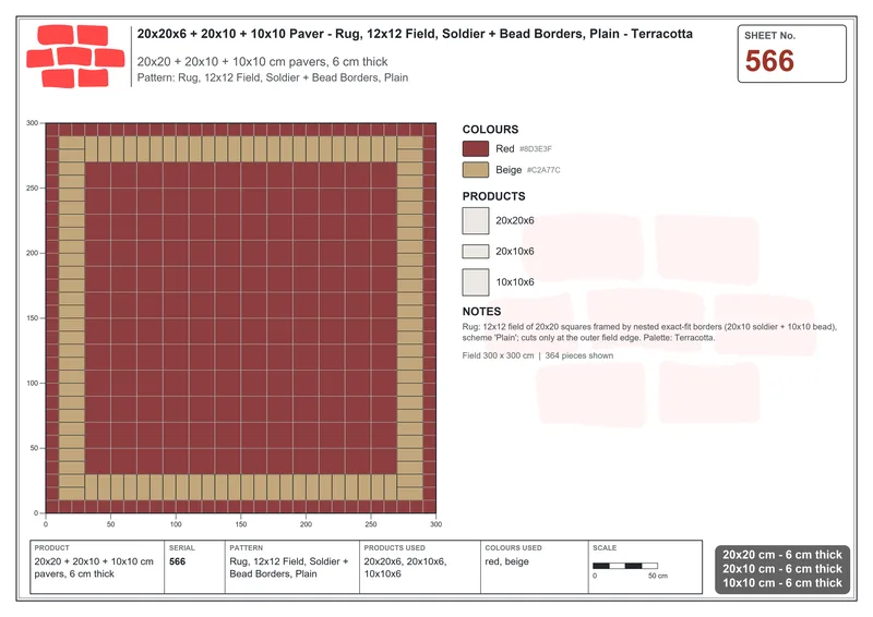 Interlock (Pasco) 20x20 cm · SQ22-566 · Rug, 12x12 Field, Soldier + Bead Borders, Plain · Laying plan Interlock (Pasco) 20x20 cm · SQ22-566 · Rug, 12x12 Field, Soldier + Bead Borders, Plain · Laying plan