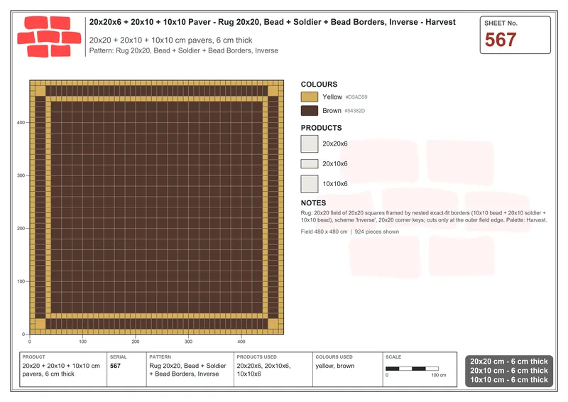 Interlock (Pasco) 20x20 cm · SQ22-567 · Rug 20x20, Bead + Soldier + Bead Borders, Inverse · Laying plan Interlock (Pasco) 20x20 cm · SQ22-567 · Rug 20x20, Bead + Soldier + Bead Borders, Inverse · Laying plan