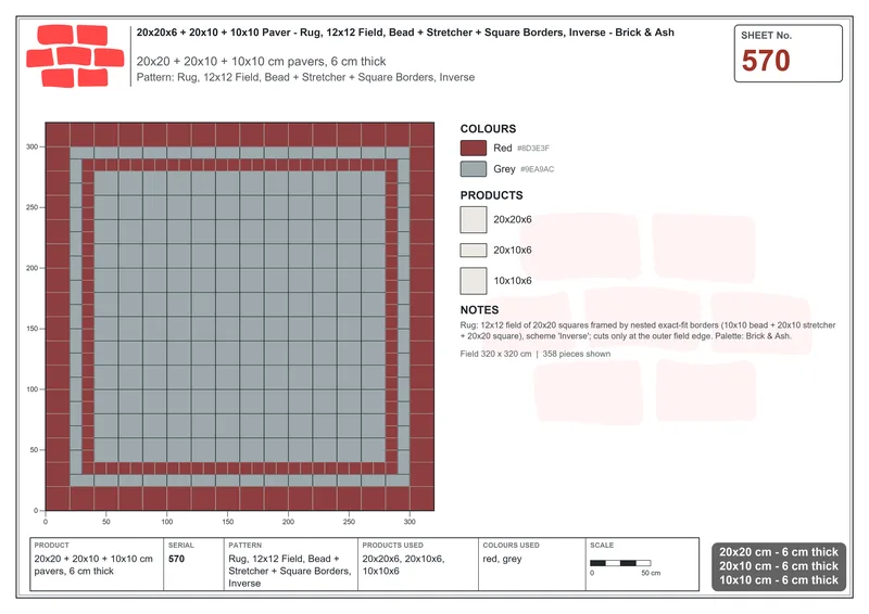 Interlock (Pasco) 20x20 cm · SQ22-570 · Rug, 12x12 Field, Bead + Stretcher + Square Borders, Inverse · Laying plan Interlock (Pasco) 20x20 cm · SQ22-570 · Rug, 12x12 Field, Bead + Stretcher + Square Borders, Inverse · Laying plan