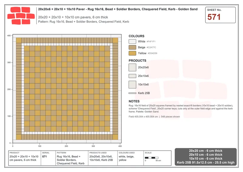 Interlock (Pasco) 20x20 cm · SQ22-571 · Rug 16x16, Bead + Soldier Borders, Chequered Field, Kerb · Laying plan Interlock (Pasco) 20x20 cm · SQ22-571 · Rug 16x16, Bead + Soldier Borders, Chequered Field, Kerb · Laying plan