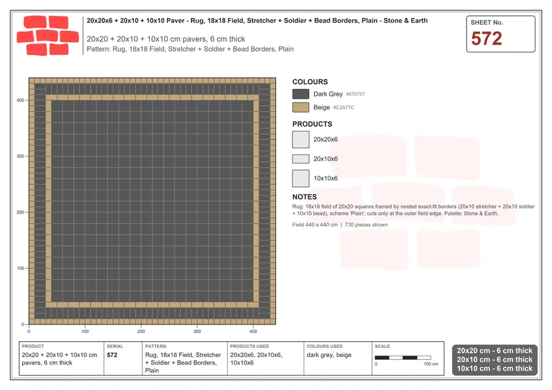Interlock (Pasco) 20x20 cm · SQ22-572 · Rug, 18x18 Field, Stretcher + Soldier + Bead Borders, Plain · Laying plan Interlock (Pasco) 20x20 cm · SQ22-572 · Rug, 18x18 Field, Stretcher + Soldier + Bead Borders, Plain · Laying plan