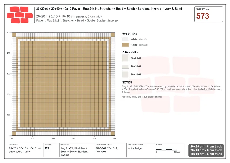 Interlock (Pasco) 20x20 cm · SQ22-573 · Rug 21x21, Stretcher + Bead + Soldier Borders, Inverse · Laying plan Interlock (Pasco) 20x20 cm · SQ22-573 · Rug 21x21, Stretcher + Bead + Soldier Borders, Inverse · Laying plan