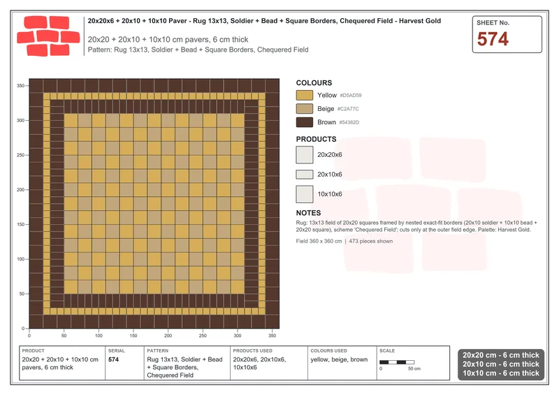 Interlock (Pasco) 20x20 cm · SQ22-574 · Rug 13x13, Soldier + Bead + Square Borders, Chequered Field · Laying plan Interlock (Pasco) 20x20 cm · SQ22-574 · Rug 13x13, Soldier + Bead + Square Borders, Chequered Field · Laying plan