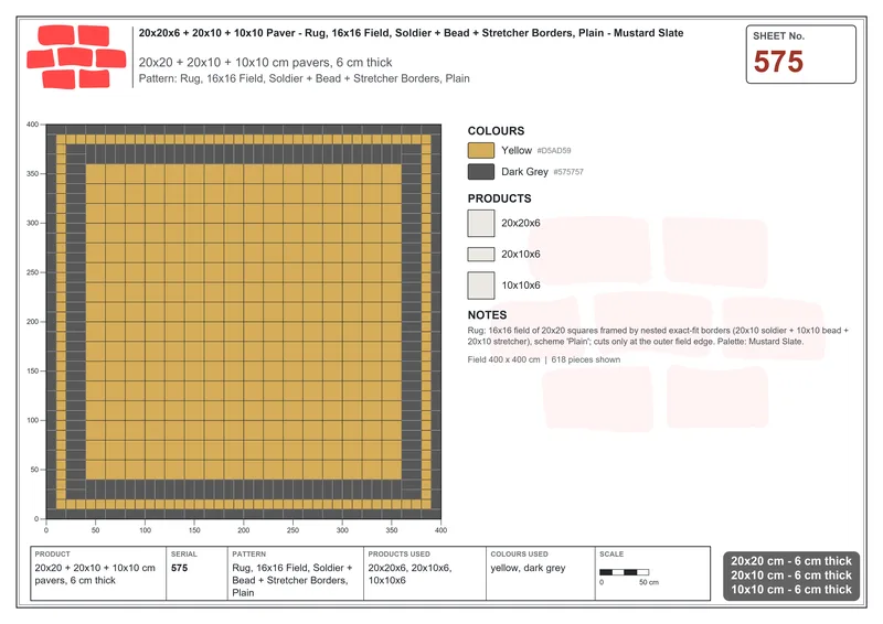 Interlock (Pasco) 20x20 cm · SQ22-575 · Rug, 16x16 Field, Soldier + Bead + Stretcher Borders, Plain · Laying plan Interlock (Pasco) 20x20 cm · SQ22-575 · Rug, 16x16 Field, Soldier + Bead + Stretcher Borders, Plain · Laying plan