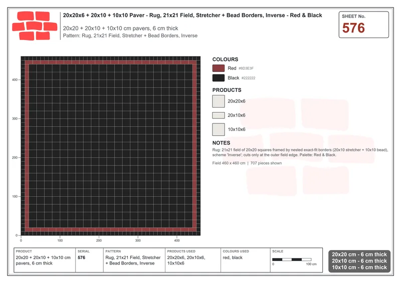 Interlock (Pasco) 20x20 cm · SQ22-576 · Rug, 21x21 Field, Stretcher + Bead Borders, Inverse · Laying plan Interlock (Pasco) 20x20 cm · SQ22-576 · Rug, 21x21 Field, Stretcher + Bead Borders, Inverse · Laying plan