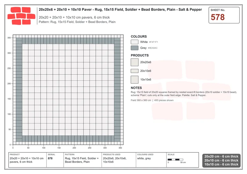 Interlock (Pasco) 20x20 cm · SQ22-578 · Rug, 15x15 Field, Soldier + Bead Borders, Plain · Laying plan Interlock (Pasco) 20x20 cm · SQ22-578 · Rug, 15x15 Field, Soldier + Bead Borders, Plain · Laying plan