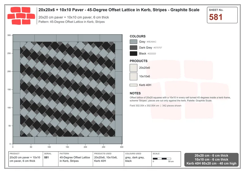 Interlock (Pasco) 20x20 cm · SQ22-581 · 45-Degree Offset Lattice in Kerb, Stripes · Laying plan Interlock (Pasco) 20x20 cm · SQ22-581 · 45-Degree Offset Lattice in Kerb, Stripes · Laying plan