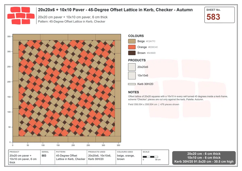 Interlock (Pasco) 20x20 cm · SQ22-583 · 45-Degree Offset Lattice in Kerb, Checker · Laying plan Interlock (Pasco) 20x20 cm · SQ22-583 · 45-Degree Offset Lattice in Kerb, Checker · Laying plan