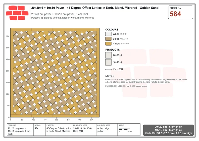 Interlock (Pasco) 20x20 cm · SQ22-584 · 45-Degree Offset Lattice in Kerb, Blend, Mirrored · Laying plan Interlock (Pasco) 20x20 cm · SQ22-584 · 45-Degree Offset Lattice in Kerb, Blend, Mirrored · Laying plan