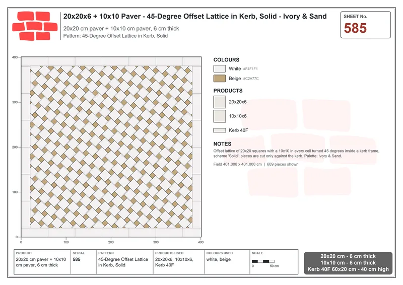 Interlock (Pasco) 20x20 cm · SQ22-585 · 45-Degree Offset Lattice in Kerb, Solid · Laying plan Interlock (Pasco) 20x20 cm · SQ22-585 · 45-Degree Offset Lattice in Kerb, Solid · Laying plan