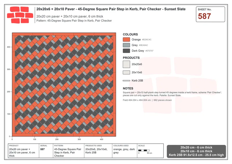 Interlock (Pasco) 20x20 cm · SQ22-587 · 45-Degree Square Pair Step in Kerb, Pair Checker · Laying plan Interlock (Pasco) 20x20 cm · SQ22-587 · 45-Degree Square Pair Step in Kerb, Pair Checker · Laying plan
