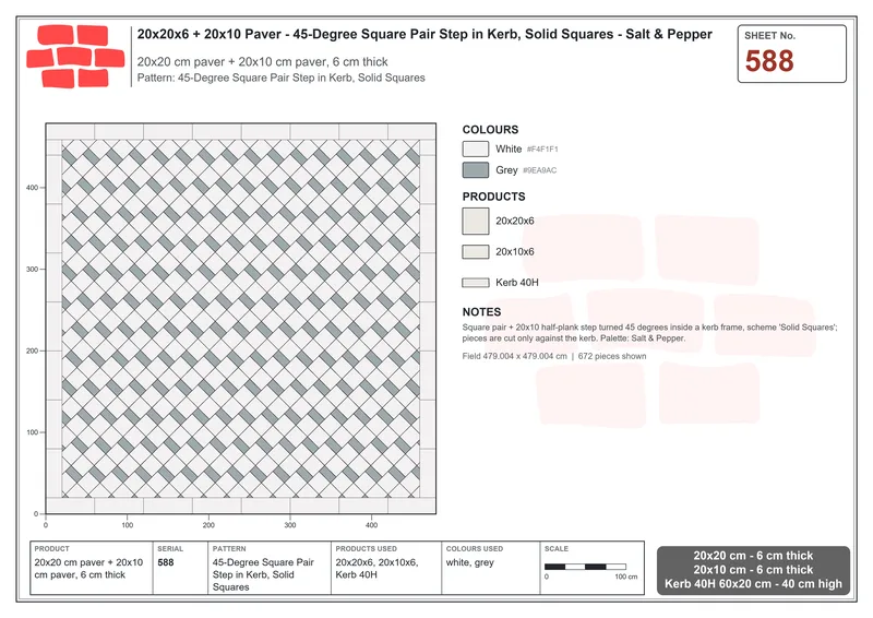 Interlock (Pasco) 20x20 cm · SQ22-588 · 45-Degree Square Pair Step in Kerb, Solid Squares · Laying plan Interlock (Pasco) 20x20 cm · SQ22-588 · 45-Degree Square Pair Step in Kerb, Solid Squares · Laying plan