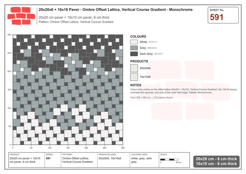 Interlock (Pasco) 20x20 cm · SQ22-591 · Ombre Offset Lattice, Vertical Course Gradient · Laying plan Interlock (Pasco) 20x20 cm · SQ22-591 · Ombre Offset Lattice, Vertical Course Gradient · Laying plan