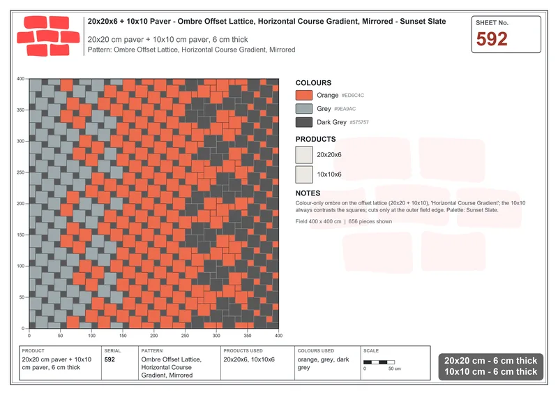 Interlock (Pasco) 20x20 cm · SQ22-592 · Ombre Offset Lattice, Horizontal Course Gradient, Mirrored · Laying plan Interlock (Pasco) 20x20 cm · SQ22-592 · Ombre Offset Lattice, Horizontal Course Gradient, Mirrored · Laying plan