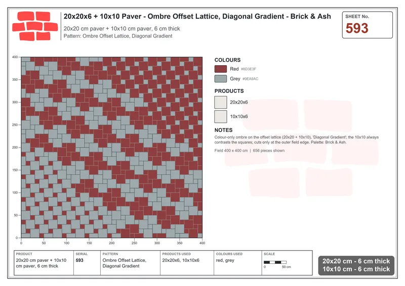 Interlock (Pasco) 20x20 cm · SQ22-593 · Ombre Offset Lattice, Diagonal Gradient · Laying plan Interlock (Pasco) 20x20 cm · SQ22-593 · Ombre Offset Lattice, Diagonal Gradient · Laying plan