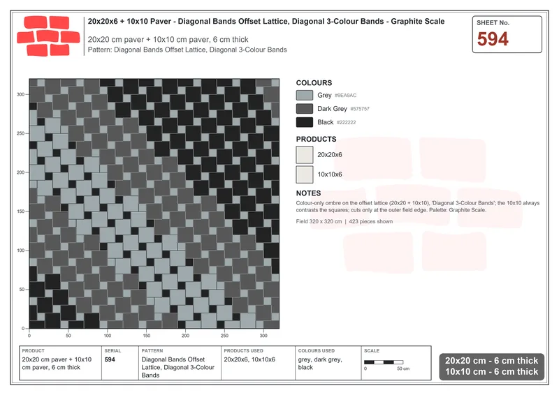 Interlock (Pasco) 20x20 cm · SQ22-594 · Diagonal Bands Offset Lattice, Diagonal 3-Colour Bands · Laying plan Interlock (Pasco) 20x20 cm · SQ22-594 · Diagonal Bands Offset Lattice, Diagonal 3-Colour Bands · Laying plan
