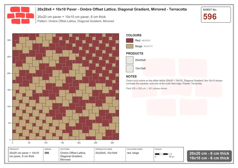 Interlock (Pasco) 20x20 cm · SQ22-596 · Ombre Offset Lattice, Diagonal Gradient, Mirrored · Laying plan Interlock (Pasco) 20x20 cm · SQ22-596 · Ombre Offset Lattice, Diagonal Gradient, Mirrored · Laying plan