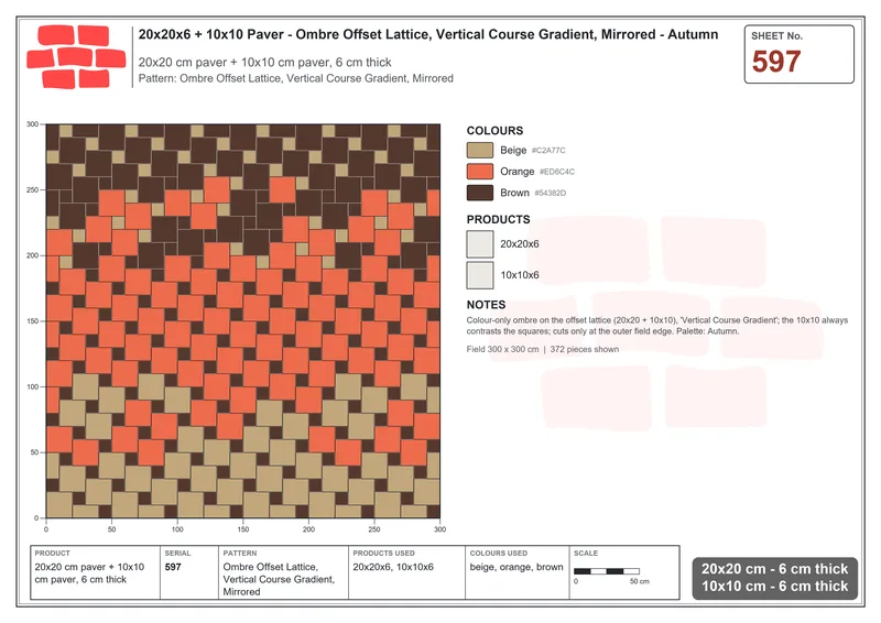 Interlock (Pasco) 20x20 cm · SQ22-597 · Ombre Offset Lattice, Vertical Course Gradient, Mirrored · Laying plan Interlock (Pasco) 20x20 cm · SQ22-597 · Ombre Offset Lattice, Vertical Course Gradient, Mirrored · Laying plan