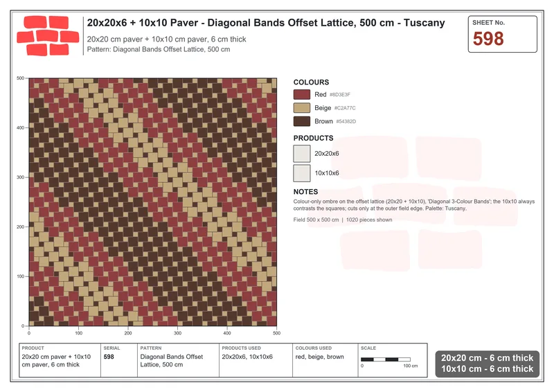 Interlock (Pasco) 20x20 cm · SQ22-598 · Diagonal Bands Offset Lattice, 500 cm · Laying plan Interlock (Pasco) 20x20 cm · SQ22-598 · Diagonal Bands Offset Lattice, 500 cm · Laying plan