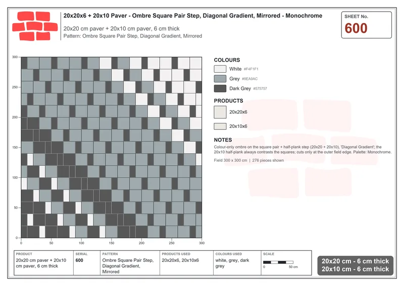 Interlock (Pasco) 20x20 cm · SQ22-600 · Ombre Square Pair Step, Diagonal Gradient, Mirrored · Laying plan Interlock (Pasco) 20x20 cm · SQ22-600 · Ombre Square Pair Step, Diagonal Gradient, Mirrored · Laying plan