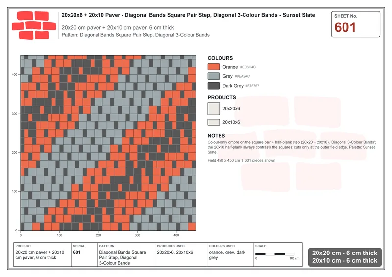 Interlock (Pasco) 20x20 cm · SQ22-601 · Diagonal Bands Square Pair Step, Diagonal 3-Colour Bands · Laying plan Interlock (Pasco) 20x20 cm · SQ22-601 · Diagonal Bands Square Pair Step, Diagonal 3-Colour Bands · Laying plan