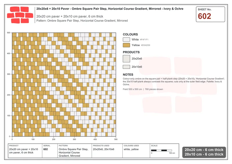 Interlock (Pasco) 20x20 cm · SQ22-602 · Ombre Square Pair Step, Horizontal Course Gradient, Mirrored · Laying plan Interlock (Pasco) 20x20 cm · SQ22-602 · Ombre Square Pair Step, Horizontal Course Gradient, Mirrored · Laying plan