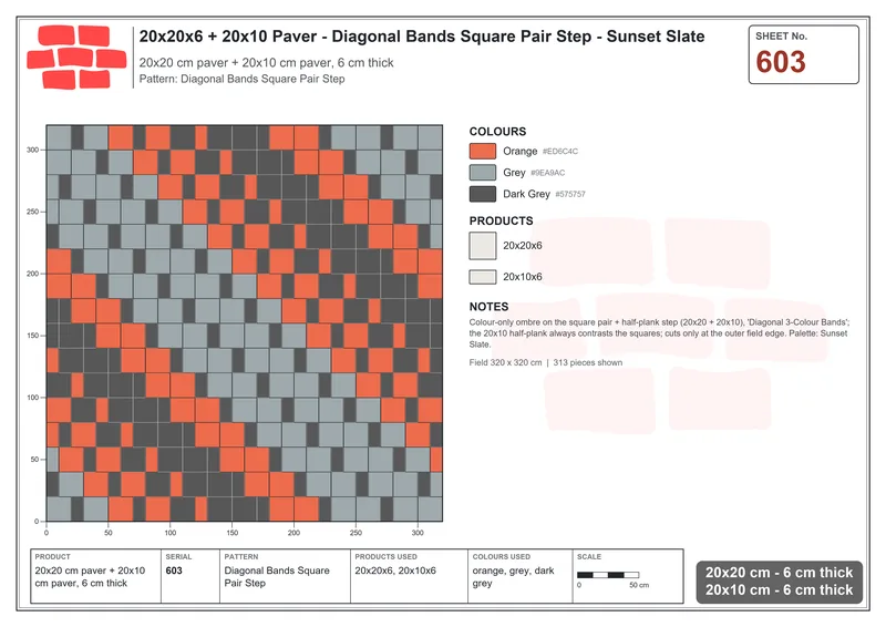 Interlock (Pasco) 20x20 cm · SQ22-603 · Diagonal Bands Square Pair Step · Laying plan Interlock (Pasco) 20x20 cm · SQ22-603 · Diagonal Bands Square Pair Step · Laying plan