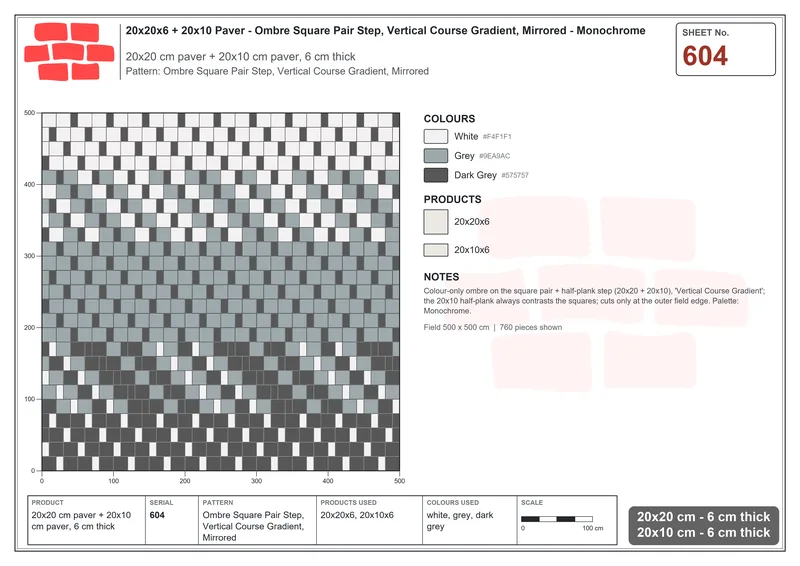 Interlock (Pasco) 20x20 cm · SQ22-604 · Ombre Square Pair Step, Vertical Course Gradient, Mirrored · Laying plan Interlock (Pasco) 20x20 cm · SQ22-604 · Ombre Square Pair Step, Vertical Course Gradient, Mirrored · Laying plan