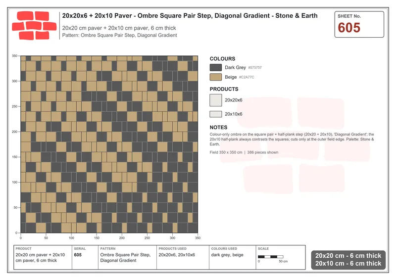 Interlock (Pasco) 20x20 cm · SQ22-605 · Ombre Square Pair Step, Diagonal Gradient · Laying plan Interlock (Pasco) 20x20 cm · SQ22-605 · Ombre Square Pair Step, Diagonal Gradient · Laying plan