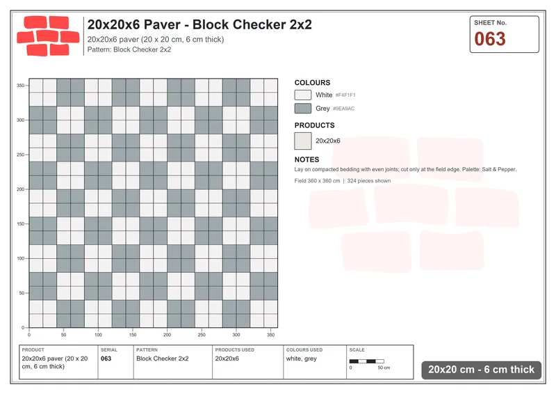 Interlock (Pasco) 20x20 cm · SQ22-63 · Block Checker 2x2 · Laying plan Interlock (Pasco) 20x20 cm · SQ22-63 · Block Checker 2x2 · Laying plan